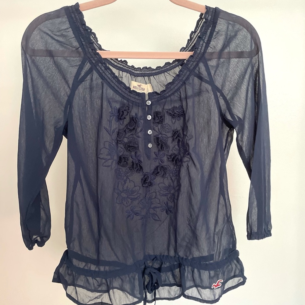 Hollister Floral Navy Sheer Blouse Top (S) [GUC]
